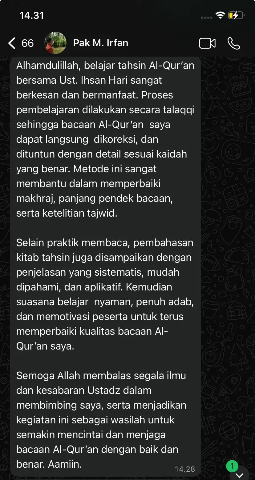 Testimoni WhatsApp Pak M. Irfan